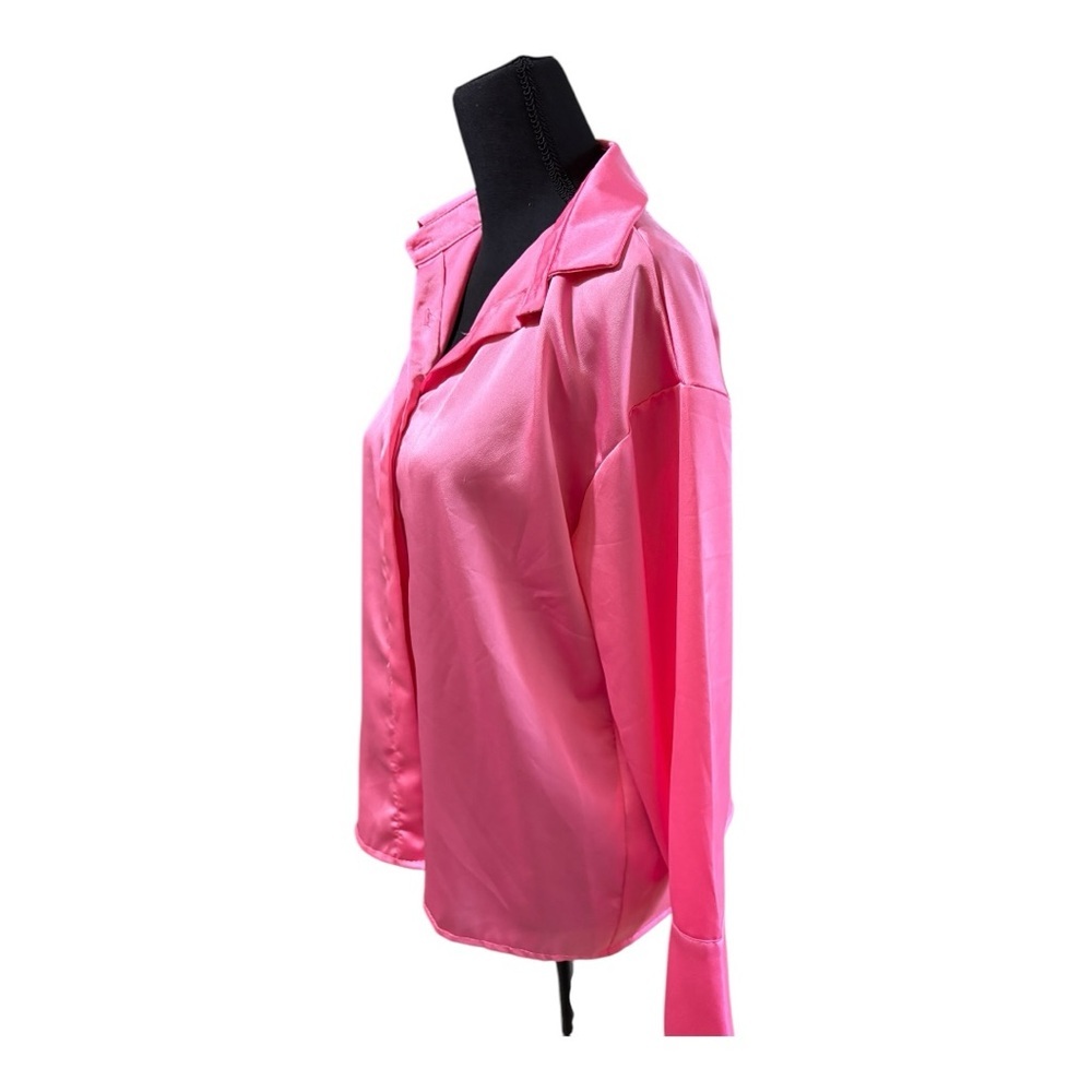 BOO HOO NWT BARBIE PINK ELEGENT SATIN BUTTON LONG SLEEVE BLOUSE SIZE 4 - Picture 4 of 7